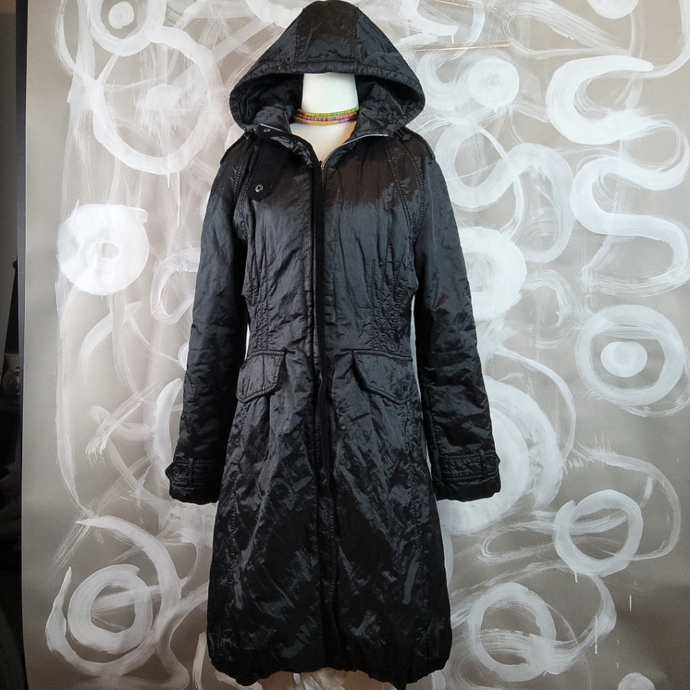 LAUNDRY by Design Womens Sz L Hooded Black Long Warm Winter Coat Double Zipper